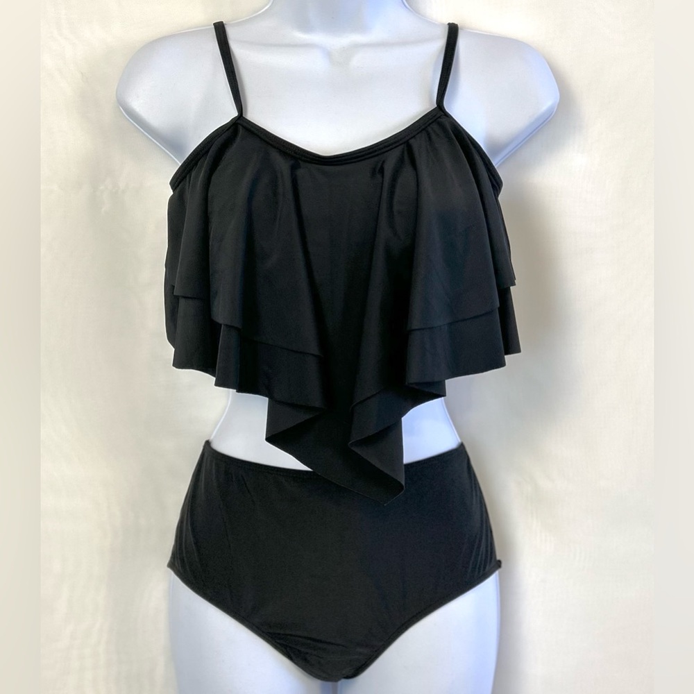 New Girls Black Flounce Top 2 Piece Tankini Swimsuit / Size 15/16 years (XL)